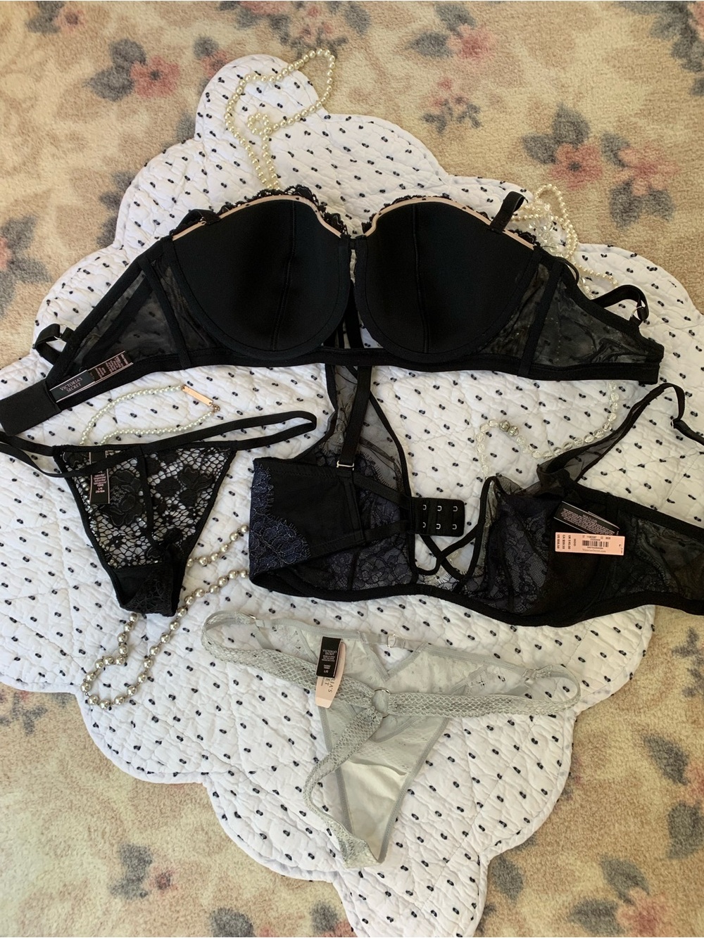 Black Lace Push-Up Bra & Thong Set Plus Navy & silver Set